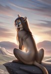 anthro brown_body brown_fur brown_hair cliff cloudy digitigrade female fur glowing glowing_eyes hair long_hair mountains nude rock sitting sky smile solo star starry_sky sunset tasteful_nudity teal_eyes twilight director_crashbandit cougar felid feline mammal pantherine hi_res