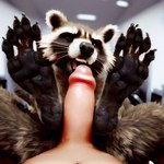 5_toes absurd_res anthro black_nose black_pawpads claws duo feet fellatio first_person_view foot_fetish foot_focus full_foot_pawpads hi_res human humanoid male male/male male_pov mammal oral pawpads paws penile procyonid raccoon rocket_raccoon sex sombreru toe_claws toes