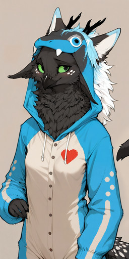 anthro beak black_body black_fur blue_clothing blush breasts claws clothed clothing ears_down female fluffy fully_clothed fur green_sclera heart_(marking) looking_at_viewer neck_tuft onesie pivoted_ears simple_background small_breasts smile solo spots spotted_body spotted_fur tuft oldhroft shadow_(oldhroft) stratos_(labradoor) avian velari hi_res