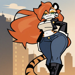 anthro big_breasts boots breasts city city_background cleavage clothed clothing crop_top female footwear hair half-closed_eyes hand_on_hip huge_hips jacket leather leather_clothing leather_jacket leather_topwear long_hair looking_at_viewer low-angle_view midriff narrowed_eyes shirt solo thick_thighs topwear iacabria felid mammal pantherine tiger