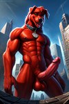 anthro anthrofied balls big_balls big_penis city city_background collar collar_only erection fur genitals humanoid_genitalia humanoid_penis looking_at_viewer macro male nude outside penis prompt red_body red_fur smile solo tongue secretyiff clifford_the_big_red_dog canid canine canis domestic_dog mammal