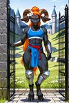 accessory anthro armor blue_eyes blue_top castle_background female flower flower_in_hair gate grass_field hair hair_accessory hooves horn leg_armor muscular muscular_female orange_hair orange_pubic_hair plant ponytail solo vambraces copeq brita_eng bovid caprine goat mammal