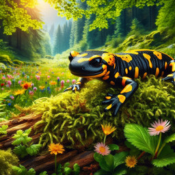 ambiguous_gender black_body black_eyes black_scales blurred_background feral flower flower_field forest log plant scales solo spots spotted_body tree wood yellow_body yellow_scales val_the_sergal amphibian salamander_(amphibian)
