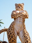 abs anthro blue_eyes blush breasts completely_nude crossed_arms female fur genitals looking_at_viewer looking_down low-angle_view nipples nude plant power_line pussy sky smug solo standing tree majorrenegade cheetah felid feline mammal detailed hi_res