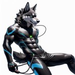 android anthro bottomwear canid canine canis clothing glowing hardfurry machine male mammal multicolored_body muscular pants robot simple_background sitting solo wire wolf