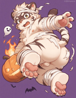 4_fingers 4_toes anthro balls bandage blush butt clothing embarrassed feet fingers fire food foreskin fruit genitals humanoid_genitalia humanoid_penis kemono male open_mouth penis plant pumpkin rear_view slightly_chubby small_penis solo striped_body stripes toes torn_clothing unretracted_foreskin yellow_eyes qaqwqt felid ghost mammal pantherine spirit tiger hi_res signature