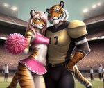 2023 anthro attempted_signature bottomwear breasts cheerleader clothed clothing crowd duo_focus embrace felid female field football_player football_uniform fur group hair hand_in_pocket hug male mammal orange_body orange_fur outside pantherine pink_hair pockets pom_poms pose skimpy skirt smile stadium standing tiger upskirt white_body white_fur