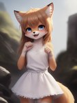 4_toes 5_fingers anthro black_nose blonde_hair blue_eyes blush canid canine clothed clothing cub cute_fangs director_myrlonel dress fangs feet female fingers fox hair hi_res legwear long_hair looking_at_viewer mammal markings open_mouth outdoors solo stockings teeth toes tongue white_body white_clothing white_dress yellow_body young