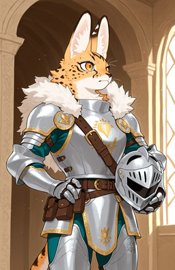 4_fingers anthro armor armor_plates belt belt_pouch clothing countershading female fingers fur fur_trim furgonomic furgonomic_headwear gauntlets gloves gold_trim hallway hand_on_hip handwear headgear helmet holding_object knight plate_armor shoulder_armor solo spots spotted_body spotted_fur tail teal_clothing utility_belt warrior whiskers white_body white_countershading yellow_body yellow_eyes yellow_fur loren_iipsum felid feline mammal serval hi_res portrait three-quarter_portrait