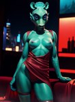 anthro blue_eyes breasts camel_toe clothed clothing female green_body hi_res looking_at_viewer lounge marcus64 night nipples pink_nipples red_clothing rodian small_breasts solo standing star_wars topless