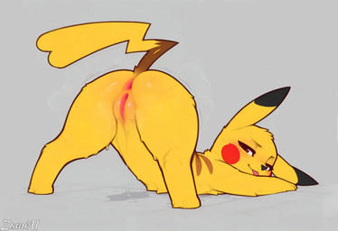 anus ass_up big_butt blep blush bodily_fluids butt female feral genital_fluids genitals jack-o'_pose looking_at_viewer looking_back looking_back_at_viewer narrowed_eyes pose pussy pussy_juice pussy_juice_puddle pussy_juice_string simple_background smile solo sweat tongue tongue_out zamiai nintendo pokemon generation_1_pokemon pikachu pokemon_(species) absurd_res hi_res