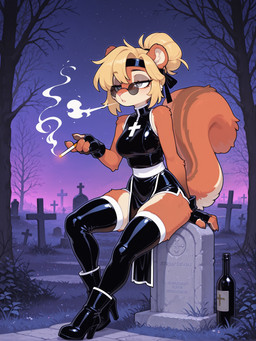 4_fingers accessory anthro bangs black_clothing blond_hair boots brown_body cemetery cigarette clothing cross eyewear female fingers footwear glasses gradient_background grass grey_eyes hair half-closed_eyes headband high_heeled_boots high_heels latex_clothing legwear multicolored_body narrowed_eyes night nun_habit pelvic_curtain pince-nez plant purple_background round_glasses simple_background sitting sleeveless smoking solo star thigh_highs tied_hair tombstone tree two_tone_body white_trim wine_bottle burioth mammal rodent sciurid tree_squirrel absurd_res full-length_portrait hi_res portrait
