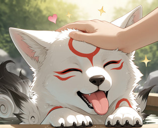 <3 black_body black_fur black_nose blurred_background canine_ears canine_nose canine_teeth claws duo eyes_closed female feral fluffy fur headpat heart_symbol hot_spring humanoid_hands markings onsen open_mouth outside partially_submerged pawpads paws petting plant red_markings rock smile solo_focus sparkles tail tongue tongue_out tree tuft water wet wet_body wet_fur white_body white_fur notthatclassic okami_(capcom) amaterasu_(okami) canid canine canis human humanoid mammal wolf hi_res
