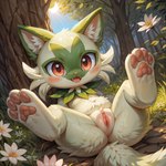 chibi fangs female feral flower fluffy fluffy_tail forest fur genitals green_body green_fur light lying on_back pawpads pink_pawpads plant pussy red_eyes smile solo sun sunlight tree mengxi felid feline generation_9_pokemon mammal pokemon_(species) sprigatito absurd_res hi_res