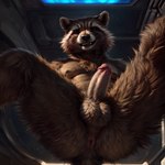 anthro anus balls butt detailed detailed_fur erection facesitting_pov fangs first_person_view genitals hi_res humanoid_genitalia humanoid_penis imminent_facesitting looking_at_viewer low-angle_view male mammal multicolored_body nipples nude penis presenting presenting_anus procyonid raccoon rocket_raccoon science_fiction smile solo spread_legs spreading taji_(director) worm's-eye_view