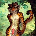 anthro countershade_arms countershade_face countershade_fur countershade_torso countershading erection felid fur genitals male mammal orange_body orange_fur pantherine penis plant solo striped_body striped_fur stripes tiger tree yerf