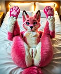 anthro anus bed bent_legs black_nose blue_eyes chest_tuft claws clothing costume female flat_chested folded fur furniture fursuit genitals holding_both_legs looking_at_viewer lying multicolored_body multicolored_fur nippleless on_back on_bed pawpads paws pink_body pink_fur presenting pussy realistic realistic_fur solo solo_focus tail thick_thighs tongue tuft two_tone_body two_tone_fur white_body white_fur kingkoom canid canine fox mammal full-length_portrait hi_res portrait