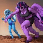5_fingers abs angry anthro anthrofied athletic athletic_female big_breasts blue_body blue_fur blue_hair bottomwear bra breasts chest_tuft cleavage clenched_teeth clothed clothing cutie_mark duo eyebrows eyewear feathered_wings feathers female fetlocks fight fingers fist fur hair hooves horn long_hair midriff multicolored_hair muscular muscular_anthro muscular_female navel punch purple_body purple_eyes purple_fur purple_hair shorts smile sports_bra sunglasses tail teeth tuft underwear unguligrade_anthro unicorn_horn wings unknown_director friendship_is_magic my_little_pony twilight_sparkle_(mlp) equid equine mammal unicorn winged_unicorn hi_res