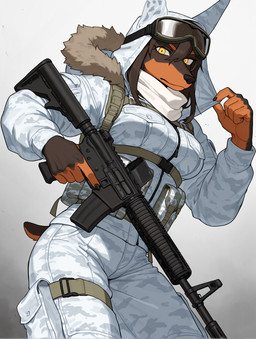 5_fingers anthro arctic army belt bottomwear breasts brown_body camo camo_bottomwear camo_clothing camo_print clothed clothing countershading dark_body dark_fur female fingers fur fur_trim furgonomic gun hair hood jacket medium_breasts medium_hair military open_clothing orange_body orange_countershading orange_fur pattern_bottomwear pattern_clothing pockets ranged_weapon rifle simple_background solo straps straps_across_chest tail thigh_strap topwear utility_belt weapon yellow_eyes loren_iipsum hi_res portrait three-quarter_portrait