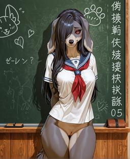 anthro bottomless chalkboard classroom clothed clothing female genitals looking_at_viewer pussy school school_uniform solo uniform denis0k canid canine canis domestic_dog mammal