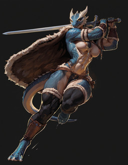 3_toes action_pose armor barefoot blue_body bottomwear bracers breast_curtains cape clothing feet female fur-trimmed_clothes leggings legwear melee_weapon muscular muscular_female pelvic_curtain pose skirt solo spikes sword toes tribal weapon yellow_eyes worried_information_(director) nalani_(worried_information) dragonborn_(dnd) humanoid hi_res