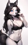 5_fingers anthro bedroom_eyes black_body black_bra black_clothing black_eyebrows black_fur black_hair black_nose black_underwear blue_eyes blush bra breasts canid canine canis chest_tuft cleavage clothed clothing digital_media_(artwork) domestic_dog eyebrows eyelashes female fingers fur grey_body grey_fur hair hi_res husky inner_ear_fluff lingerie long_hair looking_at_viewer mammal medium_breasts midriff narrowed_eyes navel nordic_sled_dog panties pikaflufftuft portrait pose seductive shaded simple_background skimpy smile solo spitz tuft underwear underwear_only watermark white_body white_fur