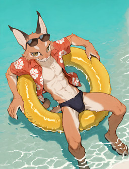 aloha_shirt anthro beach brown_body brown_eyes brown_fur claws clothing ear_tuft eyebrows eyewear eyewear_on_head facial_markings fur head_markings inflatable inner_tube male markings pattern_clothing pattern_shirt pattern_topwear paws seaside shirt slim_body smile solo speedo sunglasses sunglasses_on_head swimwear thick_eyebrows topwear tuft water suroppa sloppa_(suroppa) caracal caracal_(genus) domestic_cat felid feline felis mammal 2025 absurd_res hi_res signature