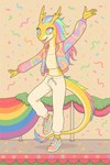 anthro clothing colorful_clothes confetti female flag footwear gold_scales hair jacket lgbt_pride multicolored_eyes multicolored_hair mythology parade rainbow_eyes rainbow_hair shoes solo sweatpants topwear tube_top director_veprem amaterasu_(veprem) dragon eastern_dragon mythological_creature mythological_scalie scalie hi_res