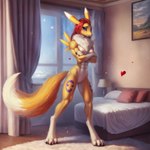 anthro bed bedroom countershading crossed_arms digimon digimon_(species) female fur furniture hair looking_at_viewer mammal muscular muscular_female nude prompt_metainfo red_hair renamon solo standing venisoncreampie white_body white_countershading yellow_body yellow_fur