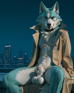 animal_genitalia animal_penis anthro blue_body blue_eyes blue_fur canine_ears canine_genitalia canine_nose canine_penis canine_teeth city city_background city_skyline clothing coat collar detailed_fur fluffy fur genitals male multicolored_body multicolored_fur neck_tuft penis photorealism photorealistic public public_nudity sheath solo topwear trenchcoat tuft white_body white_fur wolf_ears boc436 brand_new_animal shirou_ogami canid canine canis mammal wolf detailed hi_res