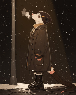 ambiguous_gender anthro beanie black_background black_ears boots breath brown_clothing brown_eyes clothing coat eye_bags fingerless_gloves footwear furgonomic gloves handwear hat headgear headwear light looking_up open_mouth pink_nose raised_head rat_tail simple_background snow snowing solo street_lamp sweater tail_clothing topwear turtleneck white_body winter burioth didelphid mammal marsupial absurd_res hi_res lighting
