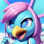 angry anthro beak blue_body blue_eyes doll_joints female fist frown hair hair_over_one_eye machine open_mouth scowl short_hair solo sparkling_eyes dakka avian bird felid gryphon mammal mythological_avian robot headshot_portrait hi_res portrait