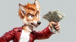 angry angry_eyebrows anthro clothed clothing facial_tuft fist fully_clothed hair holding_object inner_ear_fluff jacket male money open_clothing open_jacket open_mouth open_topwear orange_hair parody shirt simple_background solo solo_focus topwear tuft white_clothing white_shirt white_topwear canineluvr19 philip_j._fry canid canine canis coyote mammal hi_res meme