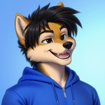 anthro black_eyes black_hair canid canine canis clothing fur hair laughing male mammal meme mercrantos sweater tan_body tan_fur topwear wolf