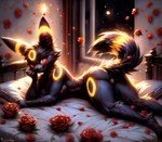 absurd_res anthro bed bedroom breasts day eeveelution female flower furniture generation_2_pokemon genitals hi_res inside looking_at_viewer lying lying_on_bed night nipples nude on_bed plant pokemon pokemon_(species) pussy rose_(flower) solo umbreon