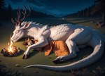 anthro antlers bedding blanket campfire cloven_hooves duo female feral hooves horn male male/female night outdoors outside peaceful sleeping smile spooning nonimousmate bovid caprine cervid dragon goat mammal hi_res