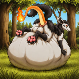 anal anal_vore anus balls belly big_balls big_belly duo feral genitals hyper hyper_belly lying male on_front pawpads pink_pawpads rear_view vore thedavid nintendo pokemon charizard generation_1_pokemon generation_3_pokemon mightyena pokemon_(species) hi_res
