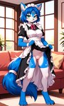 anthro blue_body blue_fur blue_hair clothed clothing clothing_lift dress dress_lift female fur genitals hair inside legwear looking_at_viewer maid_uniform no_underwear pussy smile solo tail thigh_highs uniform window zonoya nintendo star_fox krystal_(star_fox) hi_res