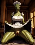 anthro breasts clothed clothing clothing_lift dress dress_lift female genitals green_body green_scales green_skin inside kneeling looking_at_viewer low-angle_view maid_hat maid_headdress maid_uniform medieval no_underwear non-mammal_breasts partially_clothed plump_labia presenting presenting_pussy purrfectmerge_(model) pussy scales solo spread_legs spreading uniform yellow_eyes lichking127 skyrim argonian reptile scalie hi_res