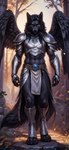 anthro armor black_body black_fur black_wings feathers fur genitals hair jewelry looking_at_viewer male silver_(metal) silver_armor silver_jewelry solo wings yellow_eyes thunderwolf angel canid canine canis mammal wolf absurd_res hi_res