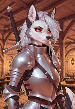 anthro armor belt clothed clothing female fur hair inside long_hair melee_weapon multicolored_body multicolored_fur plate_armor red_sclera scabbard solo sword tavern weapon tollilo helluva_boss loona_(helluva_boss) canid canid_demon canine canis demon hellhound mammal wolf hi_res