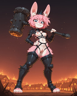 4_fingers anthro armor blue_eyes bondage_gear breasts building clothed clothing crotchless_clothing crown digitigrade female fingers fire fur genitals greaves grin hair hammer holding_object holding_weapon house looking_at_viewer looking_down looking_down_at_viewer low-angle_view nipples pink_body pink_fur pink_hair pink_nose pussy rabbit_ears short_stack short_tail skimpy small_breasts smile solo spikes standing stirrup_legwear tools village weapon wide_hips sagrael lagomorph leporid mammal rabbit absurd_res hi_res