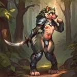 anthro armor breasts bulge clothing curvy_figure embarrassed forest fur girly male melee_weapon multi_nipple nipples plant small_breasts small_bulge solo sword tree weapon wide_hips doggyai link_(wolf_form) canid canine canis mammal wolf absurd_res hi_res