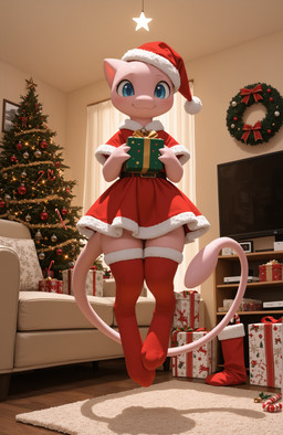 ambiguous_gender anthro belt blush candy candy_cane carpet christmas_clothing christmas_decorations christmas_headwear christmas_lights christmas_sock christmas_tree clothing dessert dress floating food furniture gift happy hat headgear headwear holding_gift holding_object legwear living_room pillow plant santa_hat sofa solo thigh_highs tree wreath bommel nintendo pokemon legendary_pokemon mew pokemon_(species) absurd_res hi_res