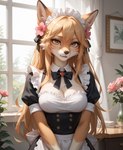 accessory anthro apron blonde_hair breasts clothing female flower flower_in_hair fur hair hair_accessory long_hair looking_at_viewer maid_uniform medium_breasts plant smile smiling_at_viewer solo solo_focus uniform magacitl canid canine fox mammal hi_res