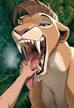black_lips blue_eyes bodily_fluids female first_person_view hand_on_tongue human_pov lips looking_at_another looking_at_partner looking_down looking_pleasured mawplay mouth_shot open_mouth pov_hands saliva sharp_teeth steamy_breath teeth tongue tongue_out amani_the_shaman felid feline human lion mammal pantherine hi_res