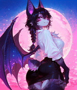 anthro bat_ears bedroom_eyes black_hair bottomwear braided_hair braided_ponytail breasts butt chest_tuft clothing cosmic_background female fluffy gradient_background hair hair_between_eyes looking_at_viewer medium_breasts membrane_(anatomy) membranous_wings moon narrowed_eyes pencil_skirt ponytail purple_eyes rear_view scut_tail seductive short_tail simple_background skirt sky smile solo star starry_background starry_sky starry_wings tail tuft wings loren_iipsum magna bat mammal hi_res portrait three-quarter_portrait
