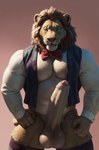 anthro balls bedroom_eyes big_pecs big_penis blep bottomless bow_tie clothed clothing genitals heterochromia huge_penis male muscular muscular_male narrowed_eyes pecs penis presenting seductive simple_background solo standing thick_thighs tight_clothing tongue tongue_out topwear vest code_0_0 felid lion mammal pantherine absurd_res hi_res