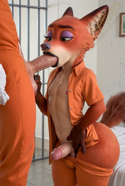 anthro big_butt black_lipstick butt clothing curvaceous curvy_figure fellatio femboy genitals huge_butt lipstick makeup male oral orange_clothing penile penis piercing prison_cell robe sex solo teasing voluptuous vlrgromns disney zootopia nick_wilde canid canine fox mammal animated short_playtime webm