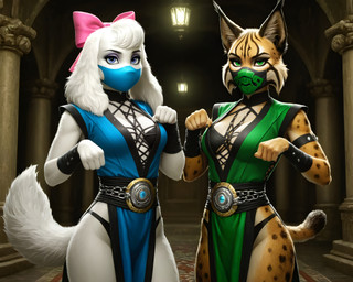 5_fingers accessory belt black_clothing black_nose blue_eyes bow_(feature) bow_accessory bow_ribbon breasts brown_body brown_fur cleavage clothed clothing cosplay crossover crossover_cosplay dress duo ear_tuft eyebrows eyelashes female fingers fist fur green_eyes hair hair_accessory hair_bow hair_ribbon inner_ear_fluff inside jewelry lamp lantern looking_at_viewer makeup markings mask medium_breasts multicolored_body multicolored_fur pelvic_curtain pink_nose pose ribbons smile spots spotted_body spotted_fur standing tail tail_markings tuft underwear white_body white_fur white_hair yellow_body unknown_director nintendo star_fox fay_(star_fox) miyu_(star_fox) canid canine canis domestic_dog felid feline lynx mammal absurd_res hi_res